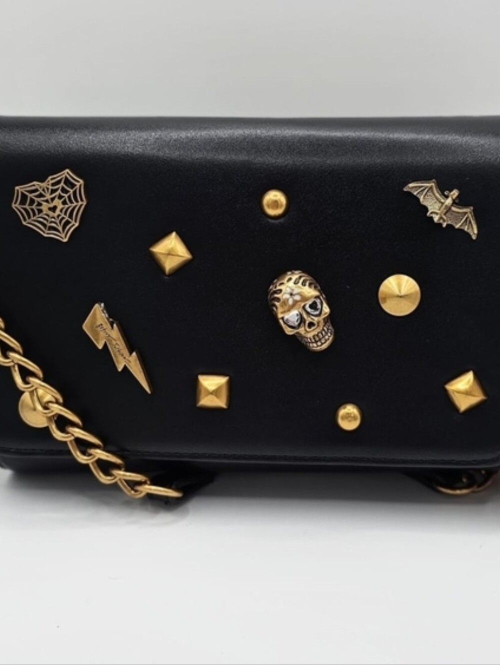 Betsey Johnson Skull Bat Gothic Crossbody Clutch Bag NWT Black Gold Chic